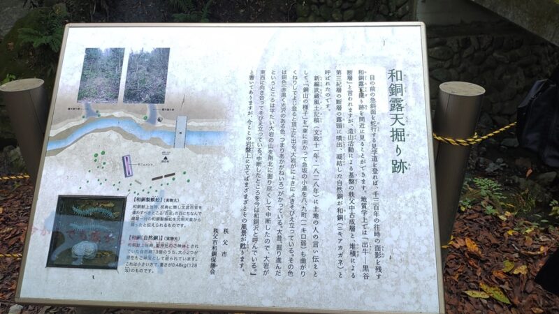自然銅が和銅(ニキアカガネ)と呼ばれ、手前に流れ小川では銅洗堀と呼ばれ銅を綺麗に洗い都に送っていたそうです。